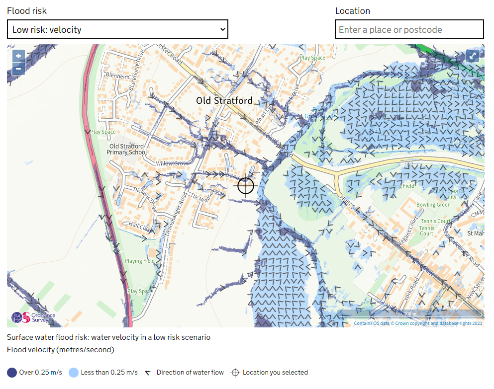Surface water flood risk - water velocity in a low risk scenario