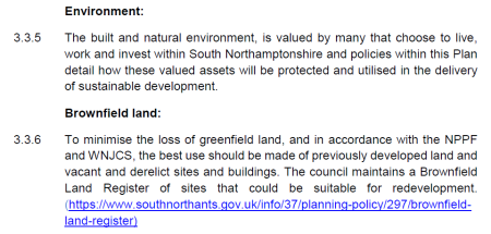 South Northamptonshire Local Plan Part 2 2022-2029 - General Site Development and Design Principles based on valuing the natural environment (Item 3.3.5) and minimising the loss of greenfield land (Item 3.3.6)